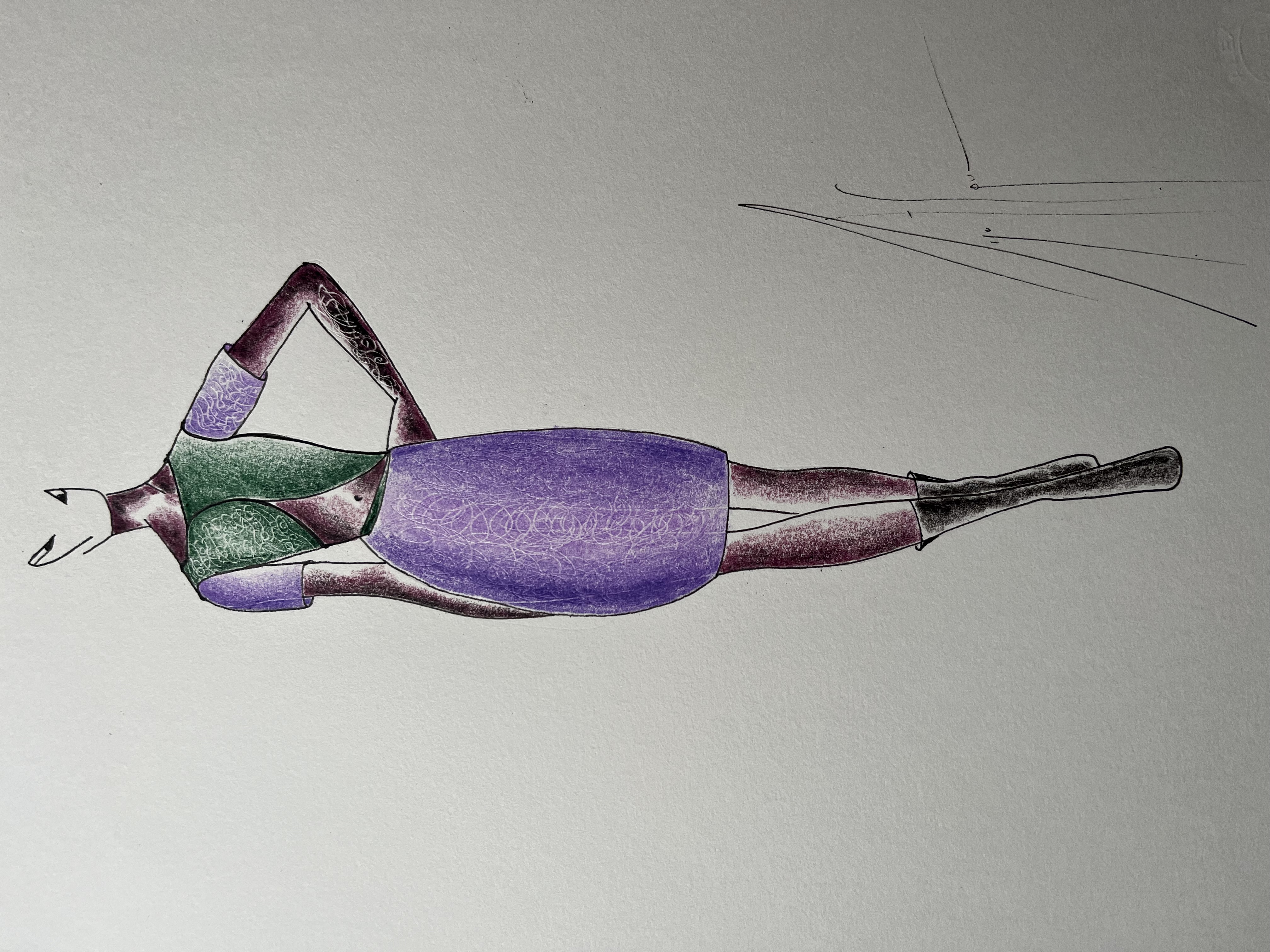 Dessin original d'une robe classique violette à corsage asymétrique en forme de feuille verte